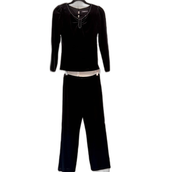 Wanko Black Velvet Evening Set Rhinestone Trim Stretch Top & Pants Outfit S NWT - Picture 2 of 10